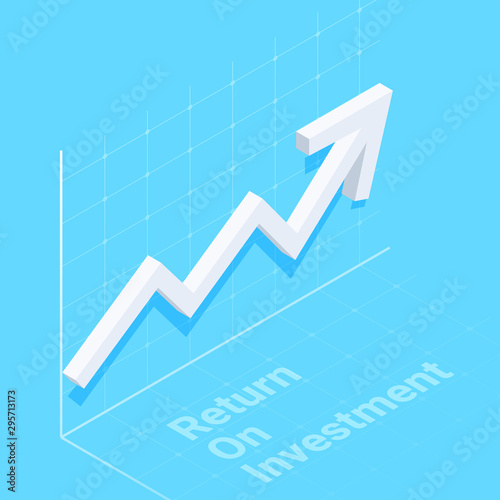 isometric vector image on a blue background, white curved arrow tends to the top, financial success and return on investment