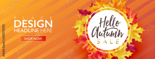 Autumn sale discount marketing design layout. Hello autumn banner concept. Maple theme design on stripe orange gradient background. Vector illustration template.