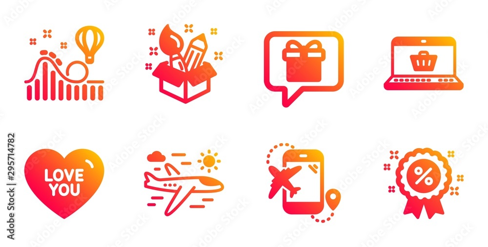 Creativity, Love you and Wish list line icons set. Online shopping, Roller coaster and Flight destination signs. Airplane travel, Discount symbols. Design idea, Sweetheart. Holidays set. Vector