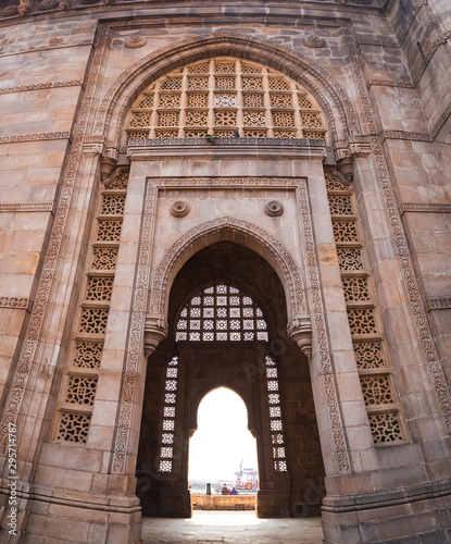 Vertical closeup image of Gateway of India Mumbai, Maharashtra, built in Indo-Saracenic style, incorporating elements of 16th-century Gujarati architecture.   photo