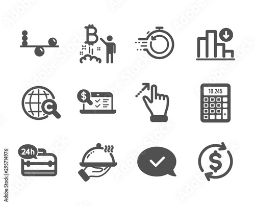 Set of Business icons, such as 24h service, Usd exchange, Fast recovery, International Ð¡opyright, Online accounting, Balance, Restaurant food, Approved message, Touchscreen gesture. Vector