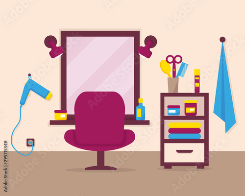 Beauty salon interior with furniture and accessories. Vector illustration.