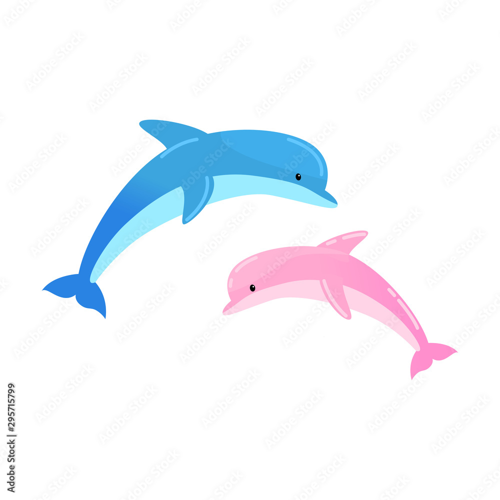 Naklejka premium Two jumping dolphins. Vector illustration isolated on white background