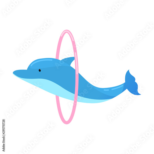 Blue dolphin jumping through the pink ring. Vector illustration isolated on white background