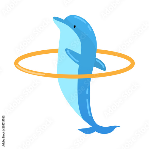 Blue dolphin jumping through the orange ring. Vector illustration isolated on white background