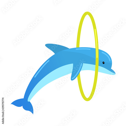 Blue dolphin jumping through the yellow ring. Vector illustration isolated on white background