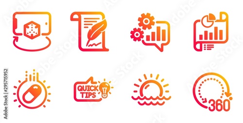 Education idea  Feather and Cogwheel line icons set. Capsule pill  Augmented reality and Sunset signs. Report document  360 degrees symbols. Quick tips  Copyright page. Science set. Vector
