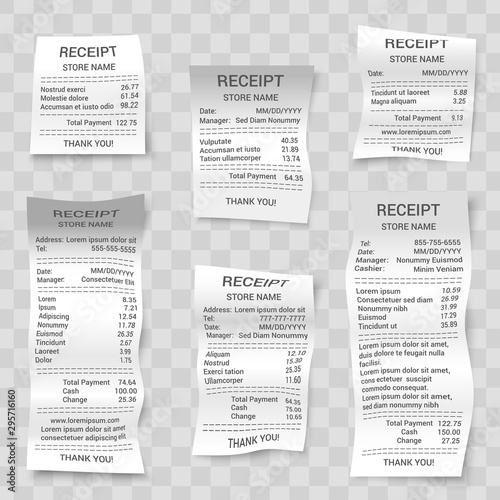 Realistic paper shop receipts set