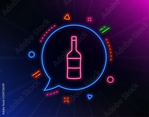 Wine bottle line icon. Neon laser lights. Merlot or Cabernet Sauvignon sign. Glow laser speech bubble. Neon lights chat bubble. Banner badge with wine icon. Vector