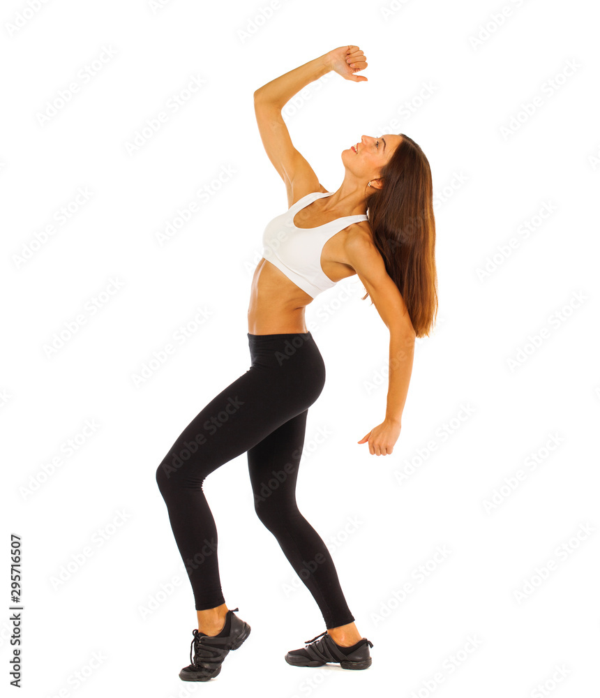 Young healthy girl doing exercises, full length portrait isolated over white background Young healthy girl doing exercises, full length portrait isolated over white background