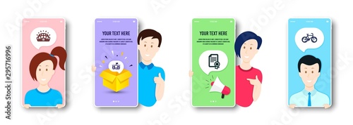 Sports stadium, Arena and Certificate icons simple set. People on phone screen. Bicycle sign. Championship arena, Sport stadium, Diploma. Bike. Sports set. People chatting cartoon badge. Vector