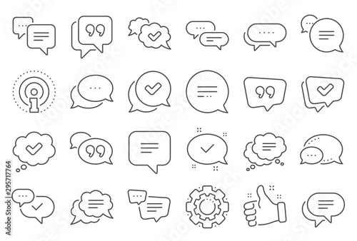 Chat and quote line icons. Approved, Checkmark box and Social media message. Chat speech bubble, Tick or check mark, Comment quote icons. Think, approved talk, speech bubble. Line signs set. Vector