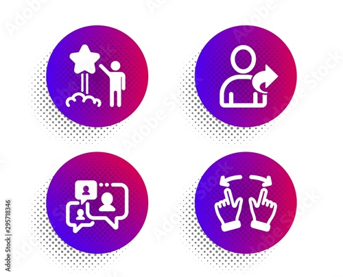 Support chat, Star and Refer friend icons simple set. Halftone dots button. Move gesture sign. Comment bubble, Launch rating, Share. Swipe. People set. Classic flat support chat icon. Vector