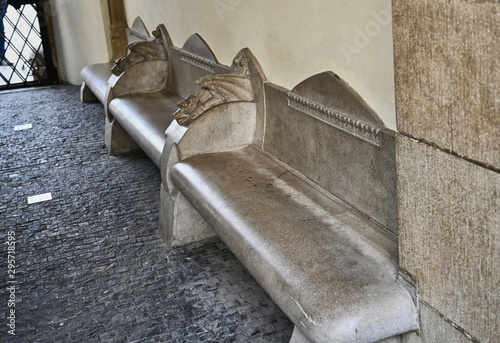 Canvas Print Stone Bat Arm Benches in Foyer Attached to Building in Bratislava Slavakia