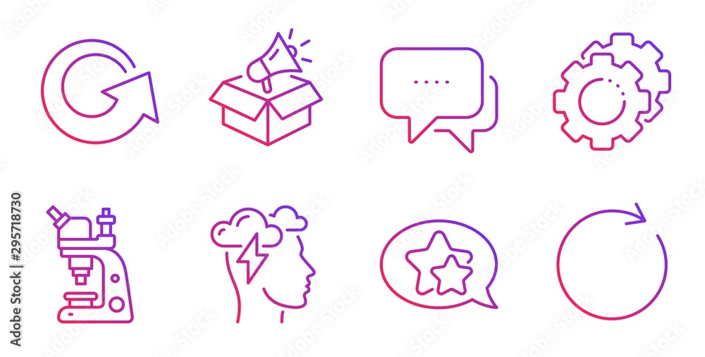 Microscope, Reload and Message line icons set. Mindfulness stress, Settings gears and Megaphone box signs. Star, Synchronize symbols. Chemistry laboratory, Update. Technology set. Vector Microscope, Reload and Message line icons set. Mindfulness stress, Settings gears and Megaphone box signs. Star, Synchronize symbols. Chemistry laboratory, Update. Technology set. Vector