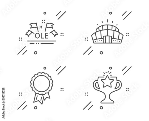 Success, Arena stadium and Ole chant line icons set. Victory sign. Award reward, Competition building, Sport championship. Championship prize. Sports set. Line success outline icon. Vector