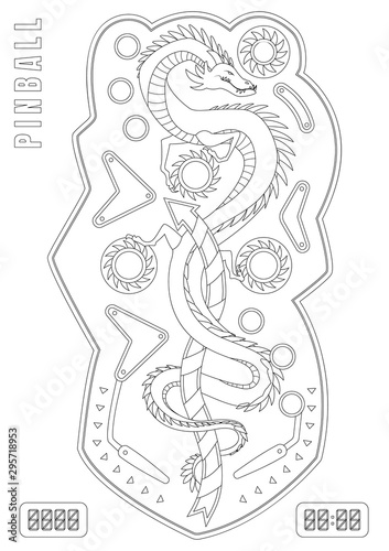 Coloring book pinball composition with pinball hit strike description and dragon image vector illustration.