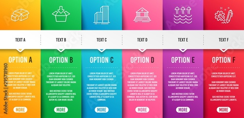 Evaporation, Skyscraper buildings and Court building line icons set. Infographic timeline. Get box, Packing boxes and Engineering signs. Global warming, Town architecture, Government house. Vector