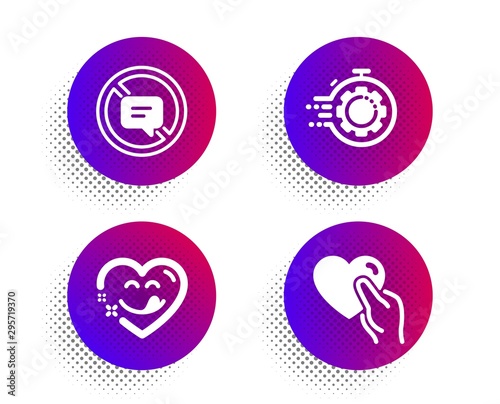 Yummy smile, Seo timer and Stop talking icons simple set. Halftone dots button. Hold heart sign. Comic heart, Cogwheel, Do not talk. Friendship. Business set. Classic flat yummy smile icon. Vector