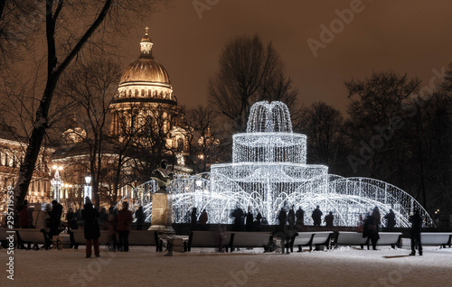 Christmas streets light in Saint Petersburg. Russia. Christmas illuminations in evening city.