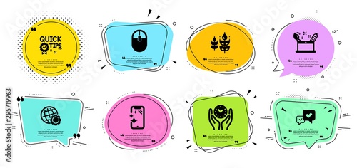 Quick tips, Smartphone clean and Computer mouse line icons set. Chat bubbles with quotes. Gluten free, Approve and Creativity concept signs. Globe, Safe time symbols. Vector