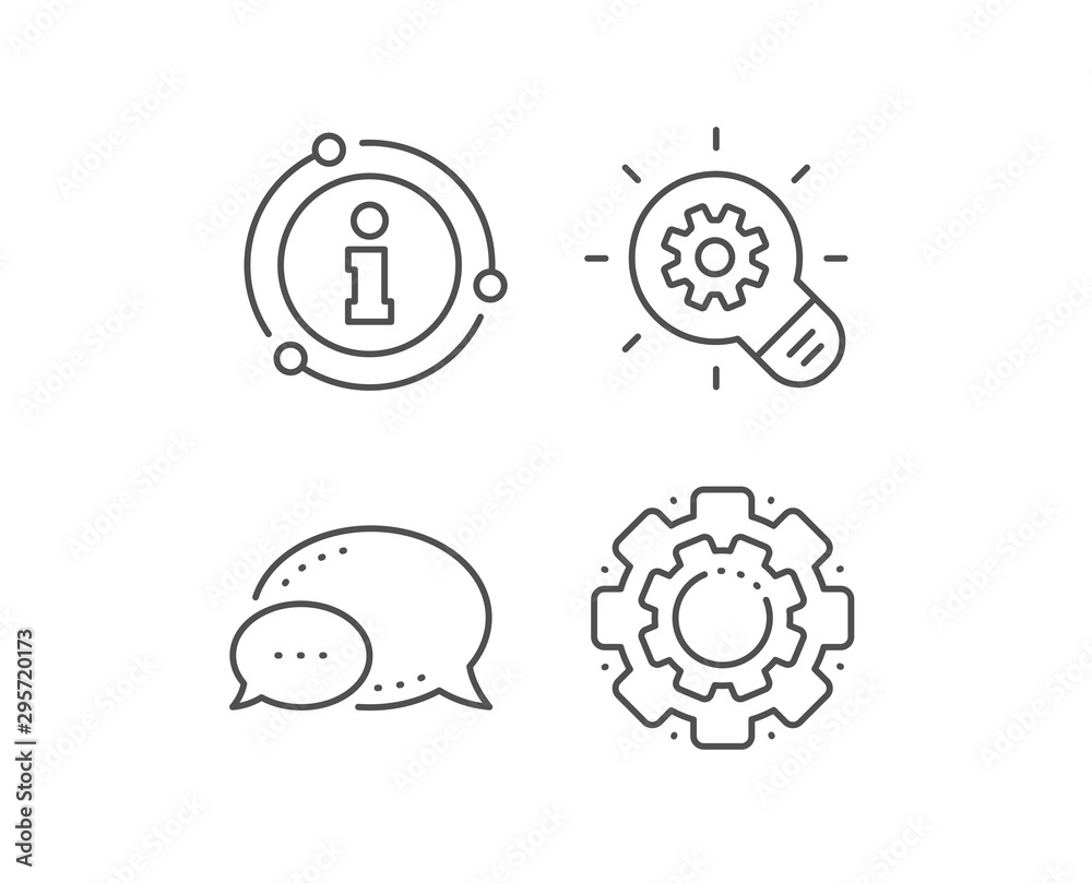 Cogwheel line icon. Chat bubble, info sign elements. Engineering tool sign. Idea bulb symbol. Linear cogwheel outline icon. Information bubble. Vector