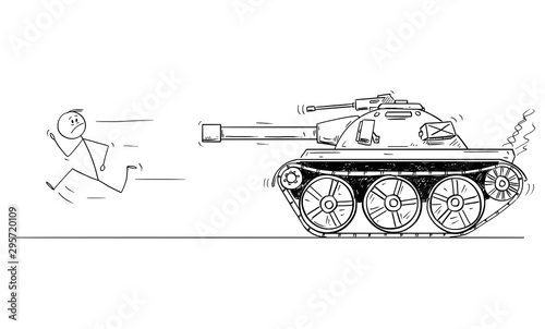 Vector cartoon stick figure drawing conceptual illustration of unarmed man or civilian running away from the army tank.