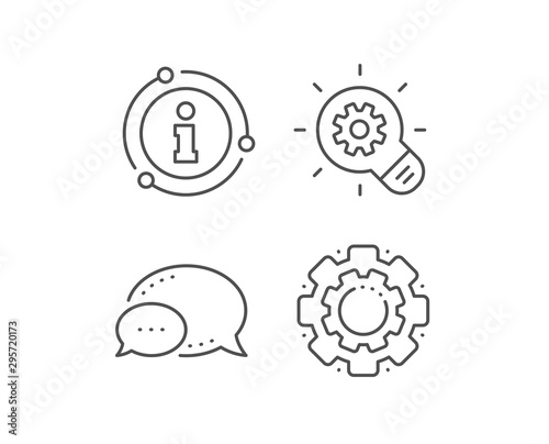 Cogwheel line icon. Chat bubble, info sign elements. Engineering tool sign. Idea bulb symbol. Linear cogwheel outline icon. Information bubble. Vector
