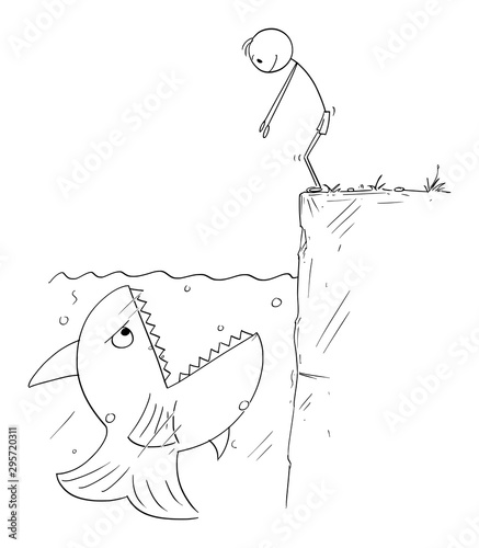 Vector cartoon stick figure drawing conceptual illustration of man or swimmer ready to jump in to water, but giant fish is waiting with mouth open to eat him.
