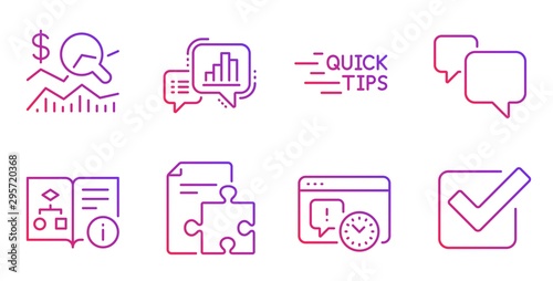 Technical algorithm, Project deadline and Education line icons set. Speech bubble, Strategy and Graph chart signs. Check investment, Checkbox symbols. Project doc, Time management. Vector
