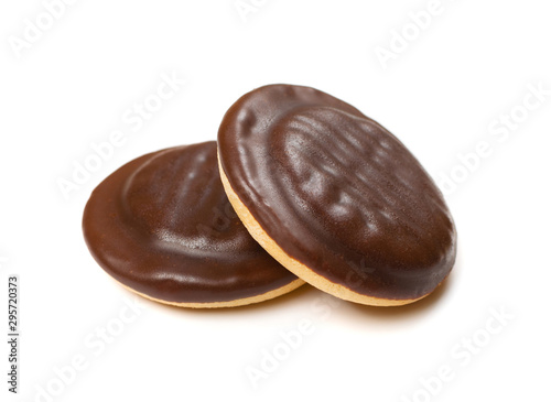 Round chocolate jaffa cake or biscuit cookie filled with natural jam