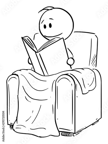 Vector cartoon stick figure drawing conceptual illustration of man siting under blanket in comfortable armchair or chair and reading the book.