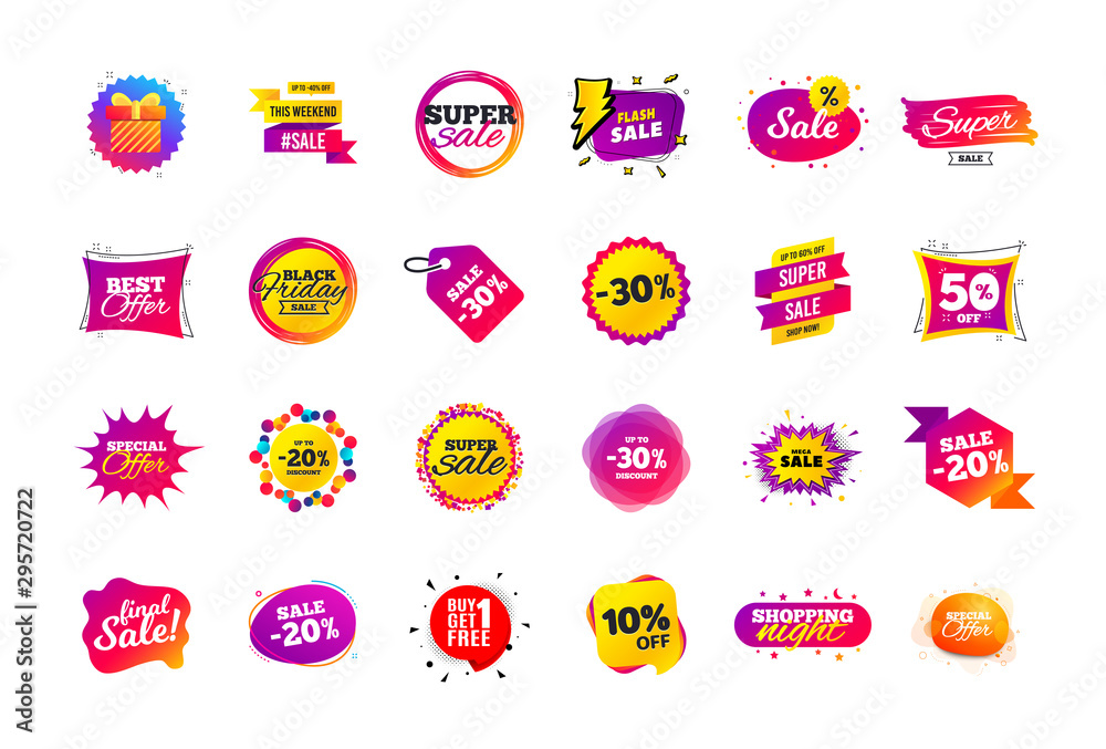 Sale banner badge. Special offer discount tags. Coupon shape templates design. Cyber monday sale discounts. Black friday shopping icons. Best ultimate offer badge. Super discount icons. Vector banners