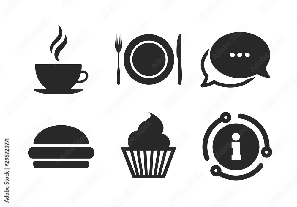 Muffin cupcake symbol. Chat, info sign. Food and drink icons. Plate dish with fork and knife sign. Hot coffee cup and hamburger. Classic style speech bubble icon. Vector Muffin cupcake symbol. Chat, info sign. Food and drink icons. Plate dish with fork and knife sign. Hot coffee cup and hamburger. Classic style speech bubble icon. Vector