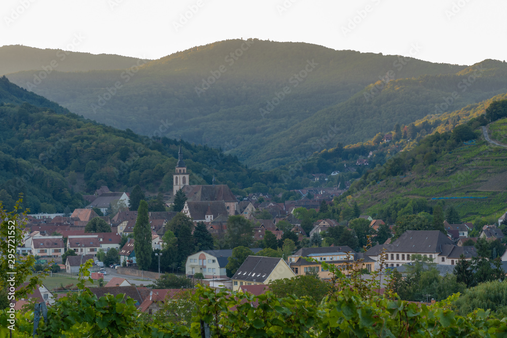 Andlau, France - 09 15 2019: Panoramic view of the vineyards and the village at sunset.