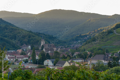 Andlau  France - 09 15 2019  Panoramic view of the vineyards and the village at sunset.