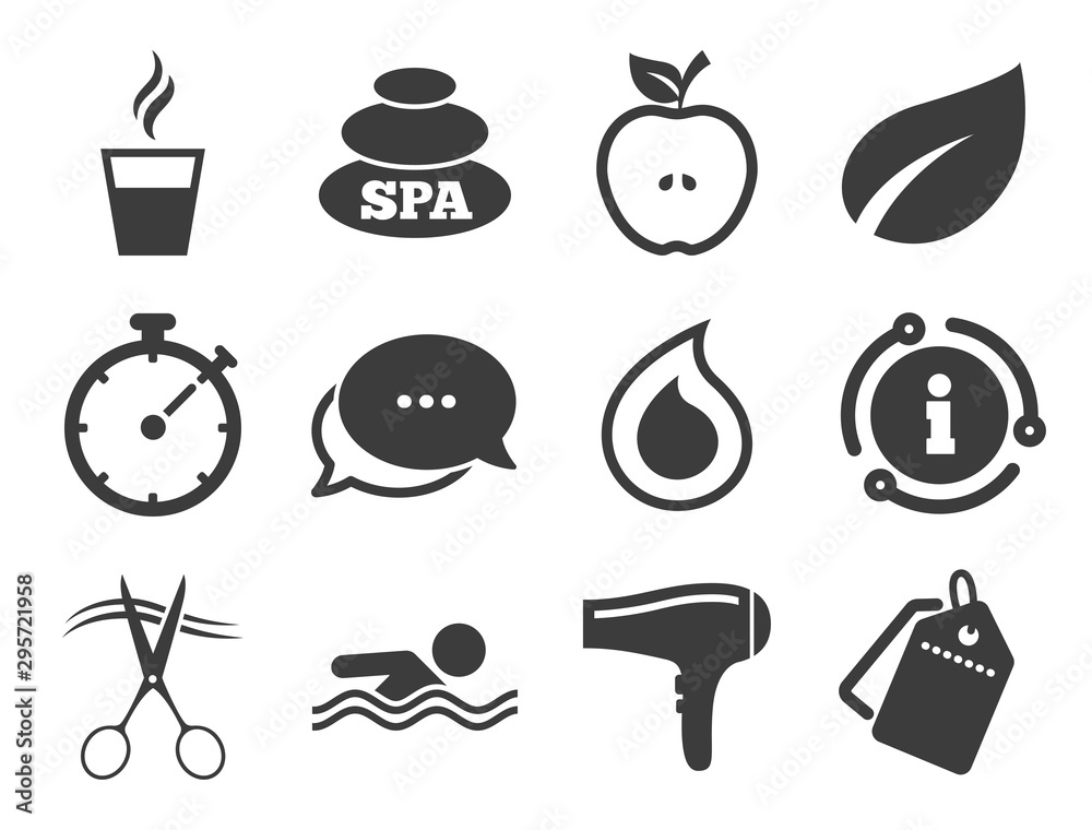 Swimming pool sign. Discount offer tag, chat, info icon. Spa, hairdressing icons. Water drop, scissors and hairdryer symbols. Classic style signs set. Vector