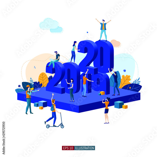 Trendy flat illustration. 2020 New Year. Merry Christmass. Teamwork metaphor concept. Globalisation. Template for your design works. Vector graphics.