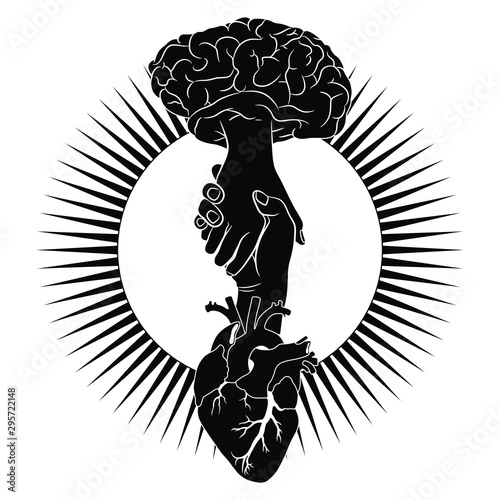 Isolated vector illustration. Connection between human brain and heart. Abstract metaphor. Black and white silhouette.