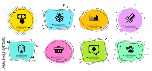 Payment click, Credit card and Bar diagram line icons set. Chat bubbles with quotes. Drop counter, People and Shopping basket signs. Loyalty program, Medical chat symbols. Vector