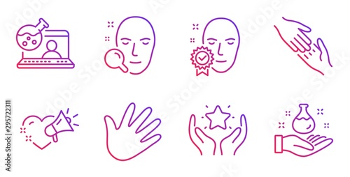 Helping hand, Face verified and Face search line icons set. Hand, Ranking and Love message signs. Online chemistry, Chemistry lab symbols. Give gesture, Access granted. People set. Vector