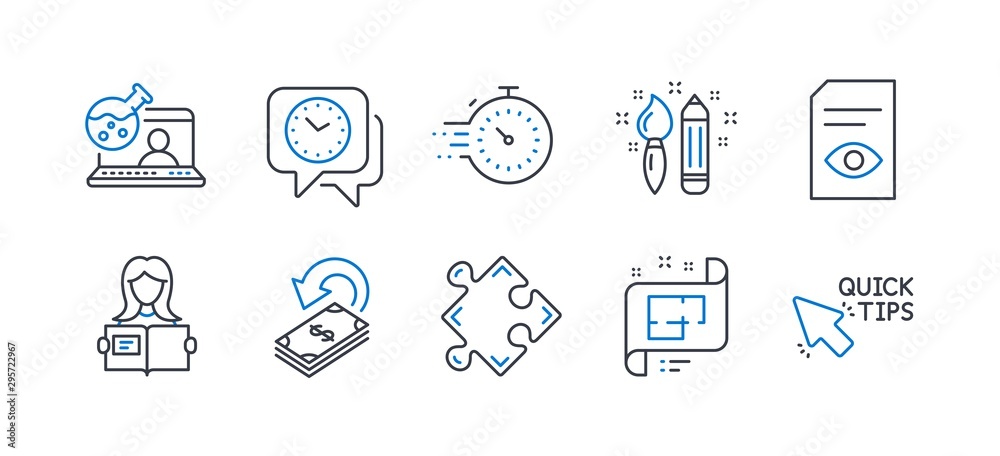 Set of Education icons, such as View document, Cashback, Creativity, Woman read, Timer, Strategy, Online chemistry, Clock, Architectural plan, Quick tips line icons. Line view document icon. Vector Set of Education icons, such as View document, Cashback, Creativity, Woman read, Timer, Strategy, Online chemistry, Clock, Architectural plan, Quick tips line icons. Line view document icon. Vector