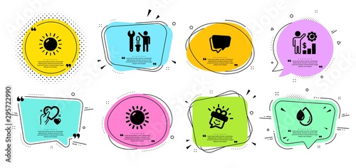 Hold heart, Sun energy and Smile line icons set. Chat bubbles with quotes. Repairman, Sunny weather and Oil drop signs. Employees wealth, Speech bubble symbols. Care love, Solar power. Vector