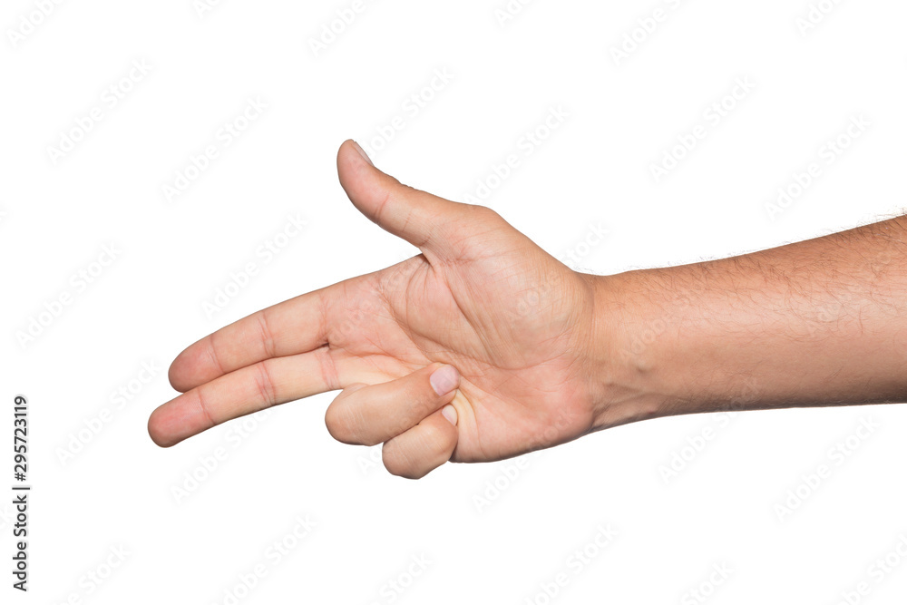 Caucasian man hand showing shoot or bang gesture. Two fingers pointing into something and one finger up. Caucasian man hand showing shoot or bang gesture. Two fingers pointing into something and one finger up.