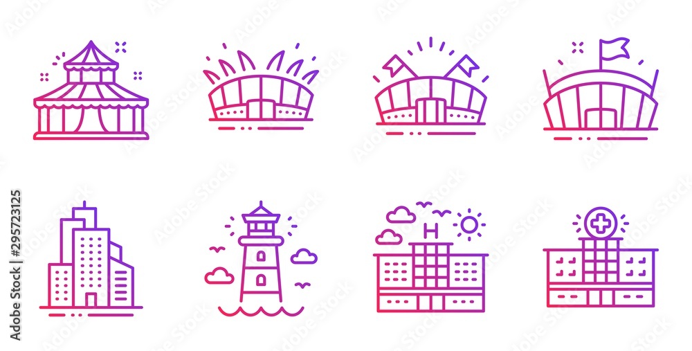 Hotel, Circus and Sports arena line icons set. Arena stadium, Lighthouse and Skyscraper buildings signs. Hospital building symbol. Travel, Attraction park. Buildings set. Gradient hotel icon. Vector