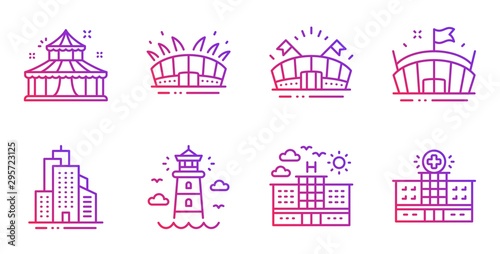 Hotel, Circus and Sports arena line icons set. Arena stadium, Lighthouse and Skyscraper buildings signs. Hospital building symbol. Travel, Attraction park. Buildings set. Gradient hotel icon. Vector