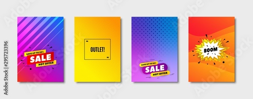 Outlet symbol. Cover design, banner badge. Special offer price sign. Advertising discounts. Poster template. Sale, hot offer discount. Flyer or cover background. Coupon, banner design. Vector