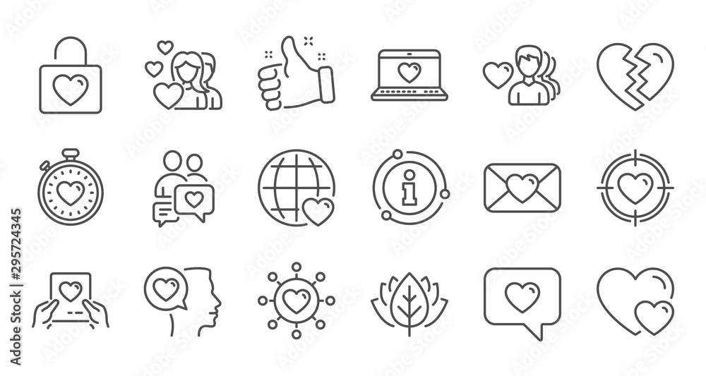 Love line icons. Heart, Valentines day and Relationships. Romantic linear icon set. Quality line set. Vector