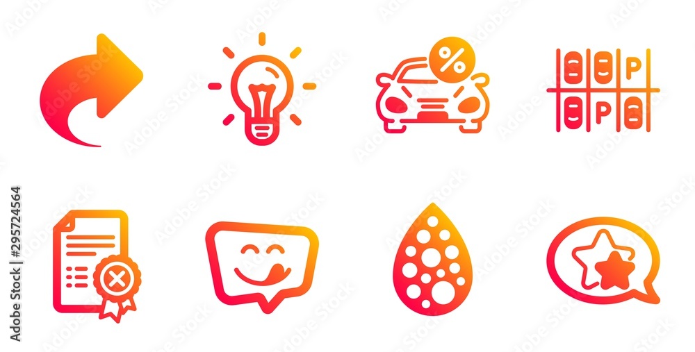 Reject certificate, Yummy smile and Parking place line icons set. Artificial colors, Share and Idea signs. Car leasing, Star symbols. Decline file, Emoticon. Technology set. Vector