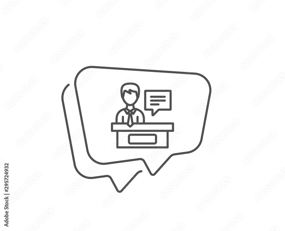 Exhibitors line icon. Chat bubble design. Information desk sign. Outline concept. Thin line exhibitors icon. Vector Exhibitors line icon. Chat bubble design. Information desk sign. Outline concept. Thin line exhibitors icon. Vector